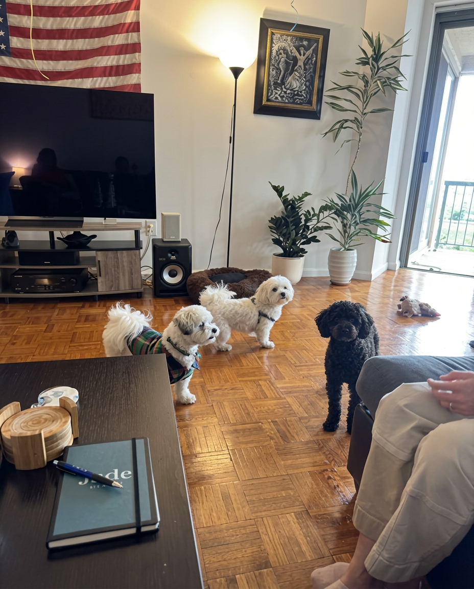 Three small dogs playing together in a sunlit living room